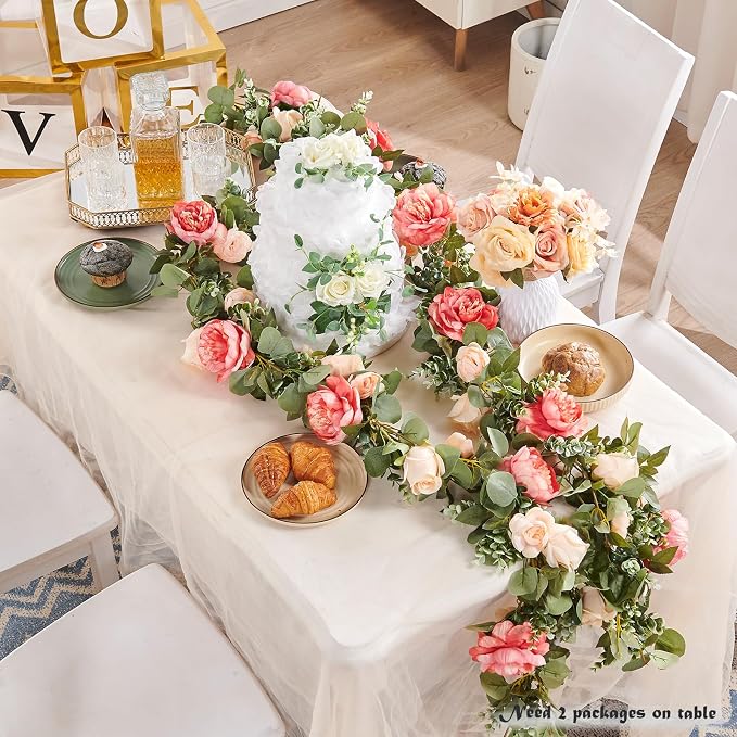 Artificial Flower Garland 3pcs 5.9ft Champagne Pink Floral Peony Vine Decor | PONKING Fake Rose Vine Flowers Hanging Faux Roses String for Room Party Home Wedding Birthday Wall Arch Decoration