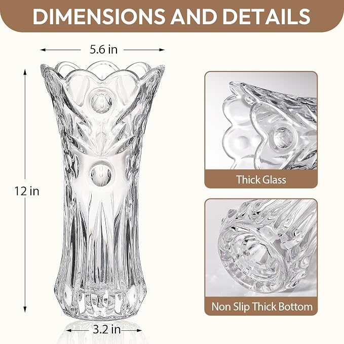 JASVIC 12 Inch Crystal Vase for Flowers with Luxury Gift Box, Pearl Design, Large Crystal Clear Glass Vase Suitable for Home Office Decor, Birthday, Wedding Anniversary or Mother's Day