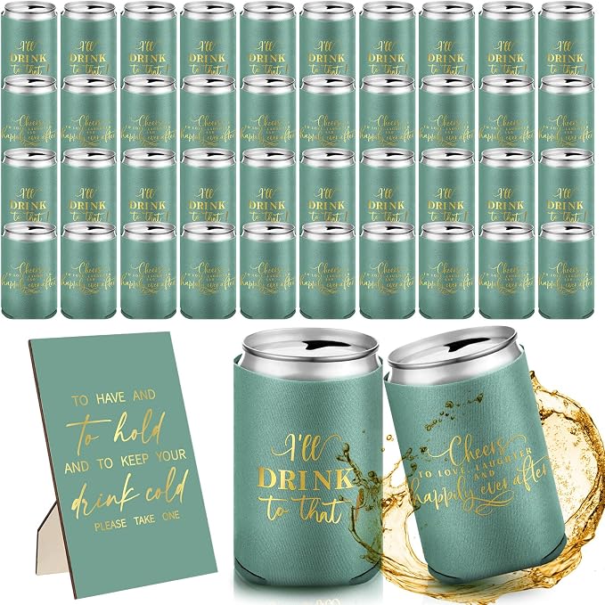 SiliFine 101 Pcs Green Wedding Can Cooler Bulk Engagement Party Favors for 100 Guests Cheers to Love Laughter, and I'll Drink Can Cooler with Wooden Wedding Table Sign Bridal Shower Favor