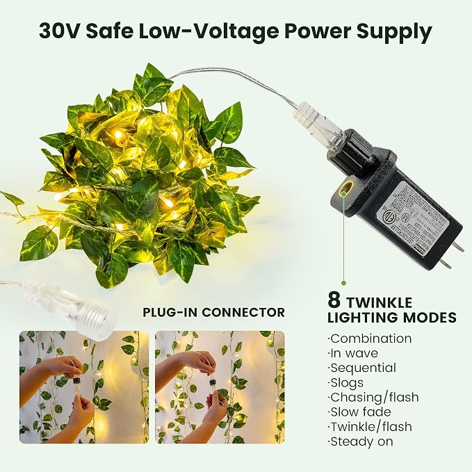 HEYFUNi Vines with Lights 23FT, Faux Pothos String Lights Plug in | 73 Warm White LEDs, Artificial Pothos Leaf Lights For Bedroom, Wall, Balcony, Wedding, Party, Dorm, Aesthetic Decor