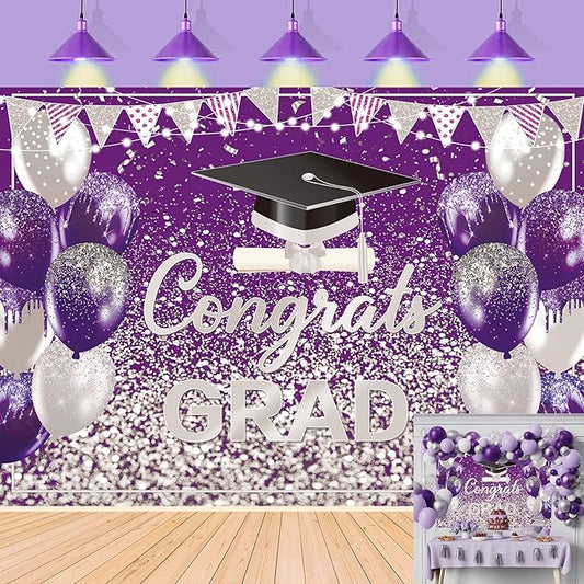 2026 Graduation Backdrop Purple Silver Congrats Grad Bachelor Cap Balloon Prom Send Off Photography Background School Celebration Class of 2026 Party Decor Banner Photo Props (Purple Silver, 7x5FT)