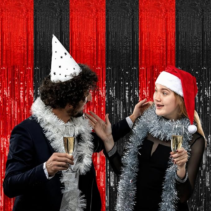 2 Pack Black and Red Party Backdrop Streamers Decorations Foil Fringe Curtains Metallic Tinsel Backdrop for Birthday Halloween Christmas New Year Fancy Ball Graduation Party Decor