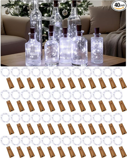 Hortsun 40 Pack Wine Bottle LED Lights with Cork Fairy Mini String Lights Battery Operated Mini Waterproof 7 ft Silver Wire 20 LED Cork Shape for Valentines, DIY, Party, Decor, Wedding (Cool White)