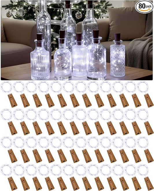 Hortsun 80 Pack Wine Bottle LED Lights with Cork Fairy Mini String Lights Battery Operated Mini Waterproof 7 ft Silver Wire 20 LED Cork Shape for Valentines, DIY, Party, Decor, Wedding (Cool White)