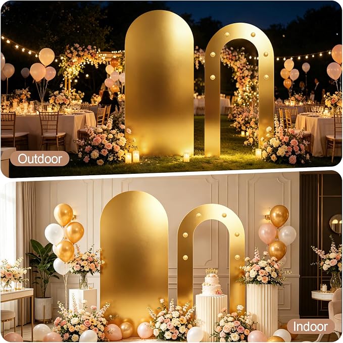 6FT Arch Backdrop with Stand Set, Lighted Arch Set, No-Tip Stability Glow Foam Board Photo Booth Background for Wedding Birthday Party Ceremony Baby Shower Banquet Decoration Reusable - GlossyGold