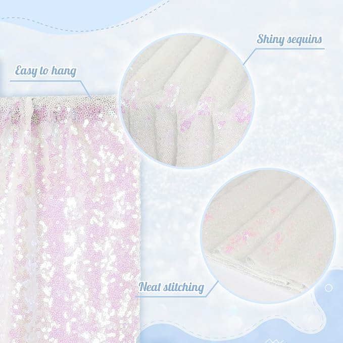 PartyDelight Iridescent White Sequin Backdrop 7x7ft 4 Inch Rod Pocket | Iridescent white 3mm sequins show pink and purple tones under light on mesh backing for photos arches stages and party walls