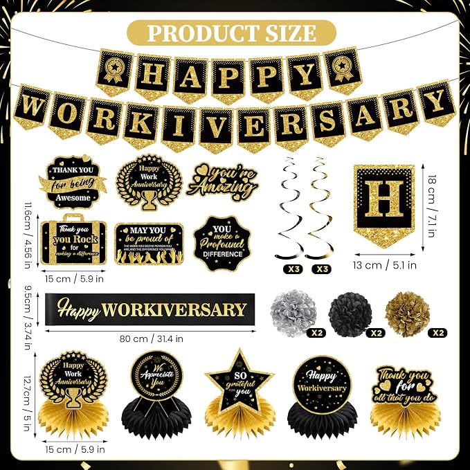 Black Gold Happy Workiversary Decorations Happy Work Anniversary Banner Honeycomb Centerpieces Hanging Swirls Tissue Paper Pompoms Sash Set for Men Women Office Employee Appreciation Party Supplies