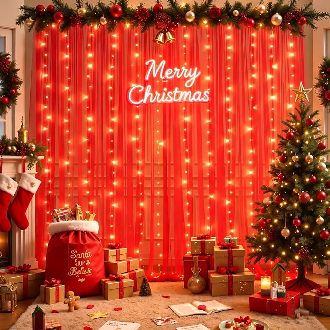 20x10ft Red Tulle Backdrop Curtain with Lights String for Parites, Sheer Photo Backdrop Curtains with Lights for Christmas Wedding Ceremony Reception Bridal Shower Baby Shower Birthday Party