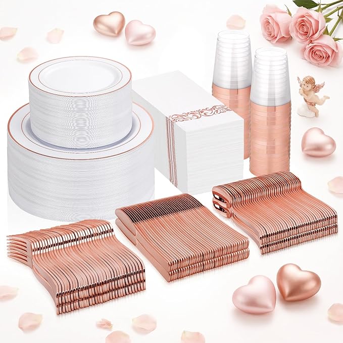 Supernal 400pcs Rose Gold Plastic Plates Disaposable Heavy Duty included Disposable Utensils& Plastic Party Plates Disaposable Party Cups and Napkins Sets for Valentine's Day Mother's Day and Easter