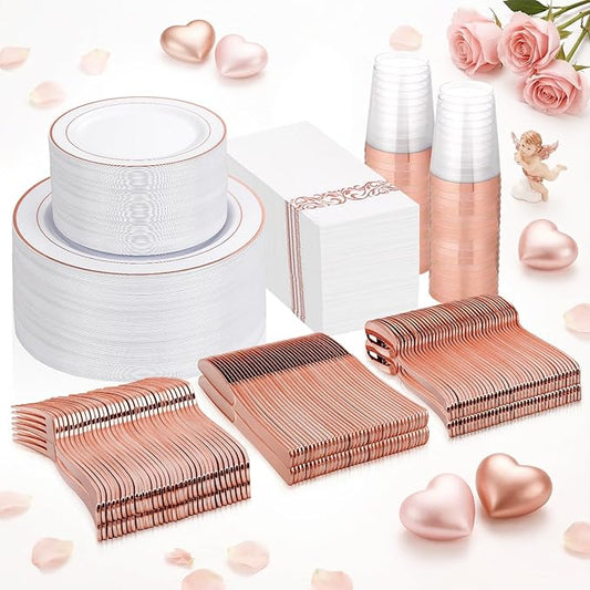 Supernal 400pcs Rose Gold Plastic Plates Disaposable Heavy Duty included Disposable Utensils& Plastic Party Plates Disaposable Party Cups and Napkins Sets for Valentine's Day Mother's Day and Easter