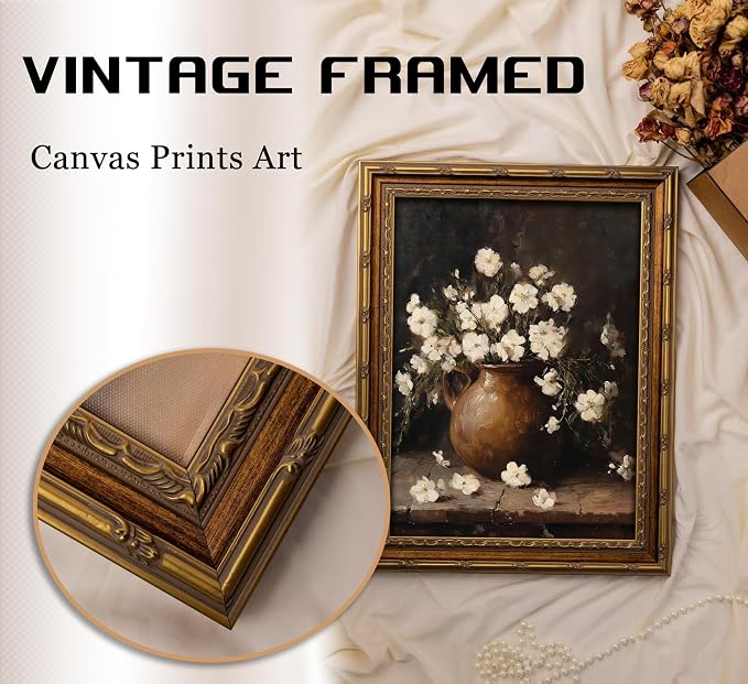 Vintage Gold Framed Wall Art Vintage Flower Still Life Wall Decor Retro White Floral Picture Retro Rustic Floral Poster Print Artwork for Home Living Bedroom Farmhouse Hallway
