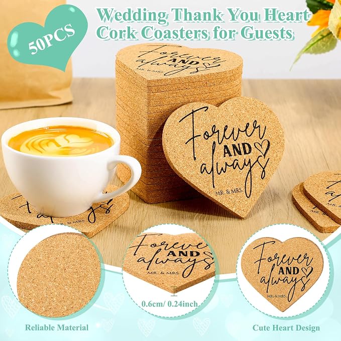 Uiifan 50 Sets Wedding Favors for Guest Heart Shaped Cork Coasters Sets Wedding Gifts Bulk Thank You Cards and Organza Bags Bridal Shower Favors for Souvenirs Engagement Party