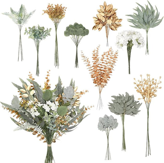 Cindeer 125 Pcs Artificial Greenery Stems Box Set with 11 Kinds of Faux Greenery Stems and Golden Leaves White Flowers Eucalyptus for DIY Bridal Bouquets Arrangement Wedding Home Decor