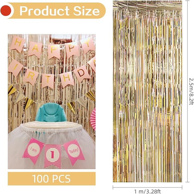 100 Pack Champagne Gold Foil Fringe Backdrop Curtains 3.2ft x 8.2ft Tinsel Foil Fringe Curtains for Birthday Party Decorations Photo Booth Backdrop for Halloween Christmas New Year Holiday Decorations