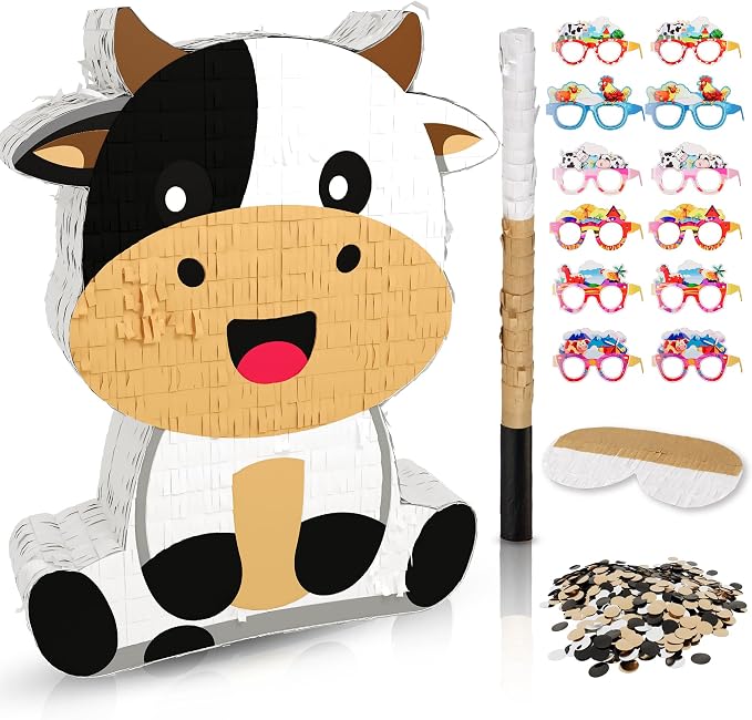 Cute Cow Piñata for Birthday Girls and Boys, Yellow Cow Piñata Includes 12pcs Paper Glasses, Blindfold, Stick, and Confetti, Perfect Farm Animal Themed Party Decorations (16 x 13 x 3.5 Inch)