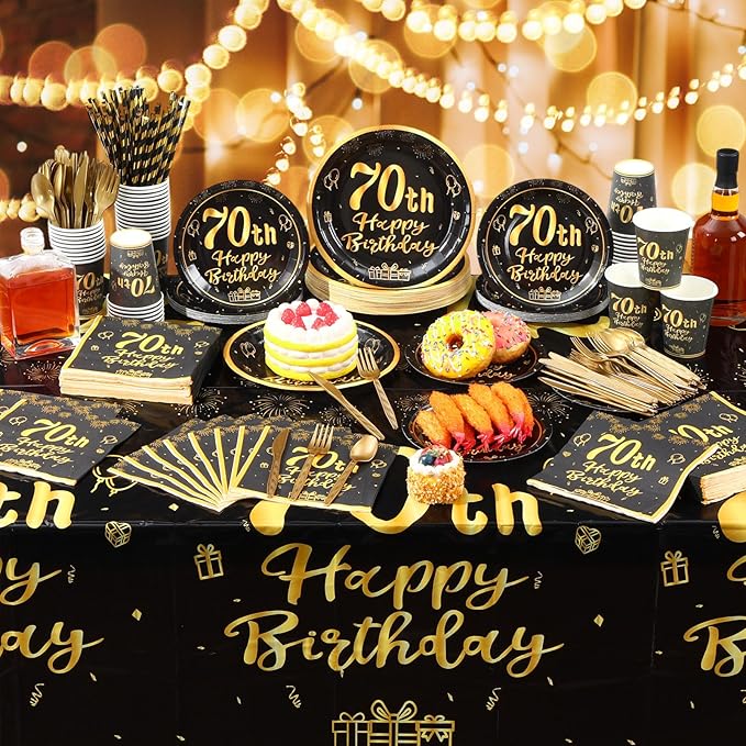 Funnymoom 452 Pcs 70th Birthday Party Decorations Set for Men Women, Black and Gold Happy 70th Birthday Paper Plates Napkins Cups Tablecloth Cutlery Straws Cheers to 70 Years Anniversary Party