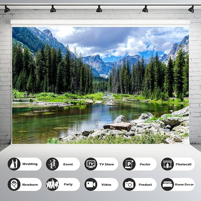 Mountain Forest Backdrop Pine Tree Tranquil Lake Stream Photography Background Tropical Forest Natural Landscape Backdrop Decorations Outdoor Birthday Party Portrait Background Decors 6x4ft