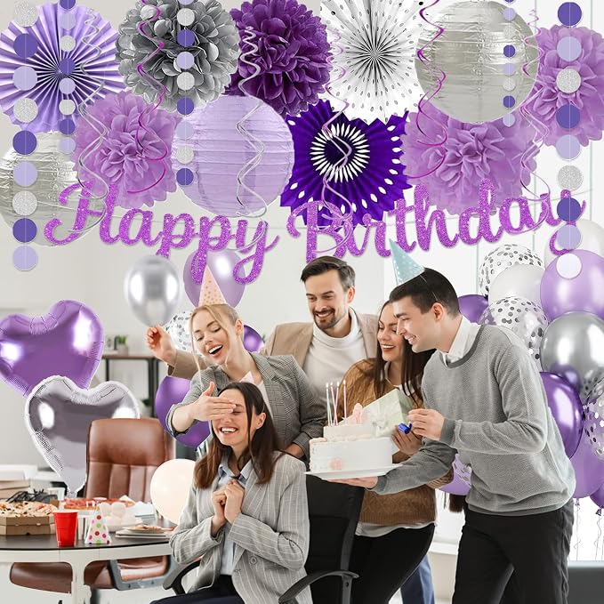 Purple Silver Birthday Party Decorations Kit with Happy Birthday Banner, Paper Lanterns, Streamers, Tissue Pom Poms, Honeycomb Flower Fans, Silver and Purple Balloons, & More for Women Girls' Party