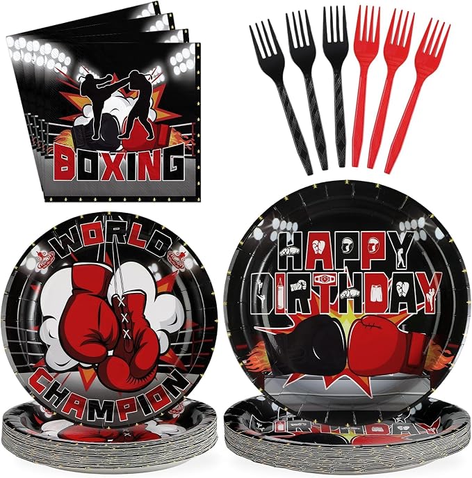 Grencian 96Pcs Boxing Birthday Party Supplies World Champion Plates and Napkins Fight Sports Wrestling Tableware Set for Boxing Birthday Party Supplies Serves 24