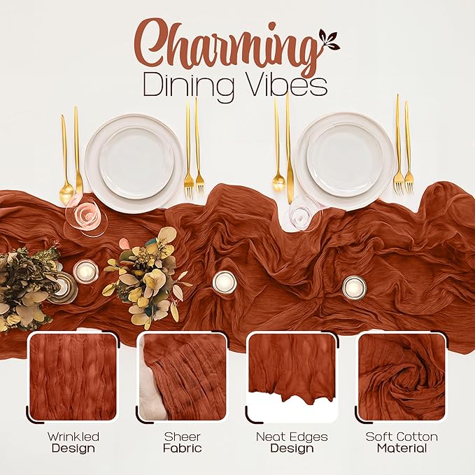 12 Pack Terracotta Cheesecloth Table Runners 10FT Long – 35 x 120 Inch Boho Gauze Table Runners for Engagement, Wedding, Baby Shower & Home Decor – Soft Wrinkled Polyester Fabric
