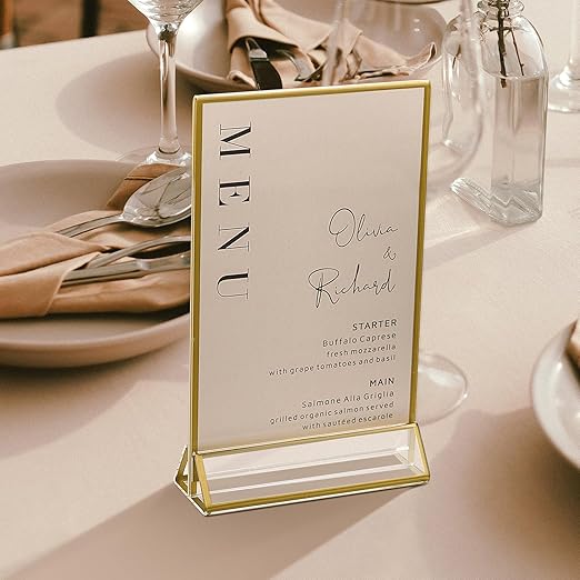 UNIQOOO Acrylic Sign Holders with Golden Border, Portrait View, Pack of 6 | 4x6 Inches Double Sided Clear Frame, Perfect for Wedding reception, Centerpiece, Decoration, Party,Anniversary, Event