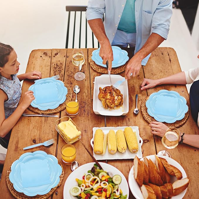 96 Pcs Light Blue Paper Plates and Napkins Set Party Supplies, Tableware set for 24 Guest include Disposable Light Blue Scalloped Plates, Napkins and Forks for Baby Shower Bridal Shower Wedding