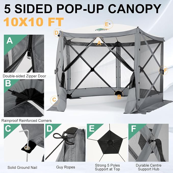 COBIZI 10x10 FT Pop up Gazebo, Popup Canopy tent, Screened In Gazebos with sidewalls, Waterproof Portable Outdoor Small Screen tents Sun Shelter,carpas para patio for Camping, Garden and Backyard,Gray
