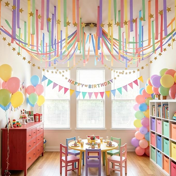 FYSUIMU Pastel Decorations 300Pcs Colorful Paper Chain Stripe 100Pcs Balloon 656 Ft Crepe Paper Streamer 65.6 Ft Gold Star Garland 13.1 Ft Flag Banner for Back to School Wedding Backdrop DIY Crafts