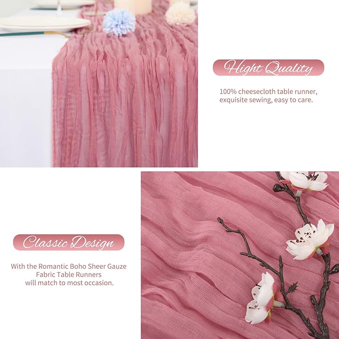 10 Pack Dusty Rose Cheesecloth Table Runner 10FT Boho Romantic Gauze Table Runner 20 x 120 Inch Rustic Sheer Runner for Wedding Party Bridal Shower Thanksgiving Christmas Decoration