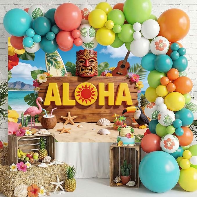 10x10ft Hawaiian Aloha Backdrop Tropical Beach Photo Backdrop Tiki Mask Flowers Summer Backdrops for Photography for Luau Party Tropical Wedding Birthday Decorations Photo Booth Props