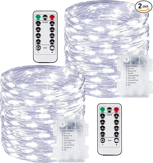 2 Pack 200 LED Fairy Lights Battery Operated with Remote, 8 Modes String Lights Indoor Outdoor, Cuttable Battery Light for Home Bedroom Wedding DIY Centerpiece Christmas Decorations (Cool White)