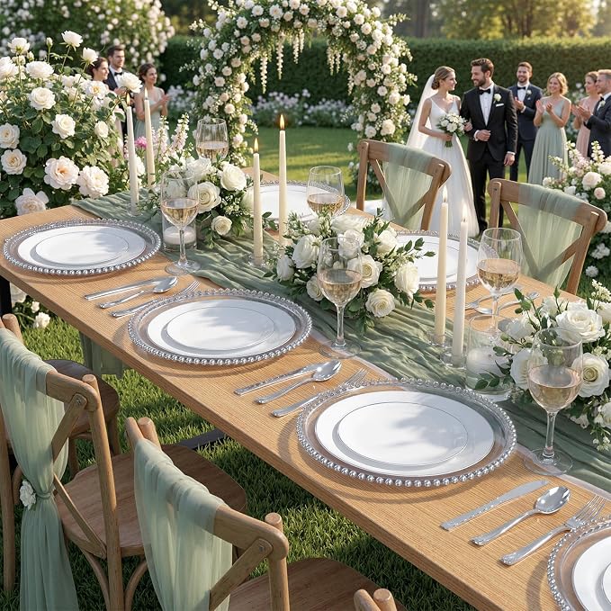 KIRE 100PCS Silver Plastic Plates - Heavy Duty White Disposable Plates with Silver Rim for Party/Wedding - Include 50Pcs 10.25inch Dinner Plates and 50Pcs 7.5inch Dessert Plates for Party/Father's Day