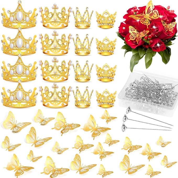 cridoz 164Pcs Flower Bouquet Accessories, 16Pcs Crowns for Flower Bouquets with 48Pcs Gold Butterfly Decorations and 100Pcs Diamond Pins for Flower Arrangements, Cake Topper Decor