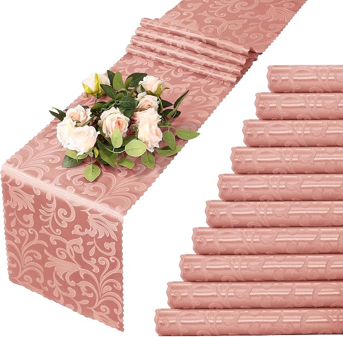 MILVOWOC 12 Pack Rose Gold Satin Table Runner, 12 x 72 Inch Jacquard Damask Table Runner Rectangle Bright Silky Decorative Table Runner for Party Banquet Birthday Dinner Wedding Table Decor
