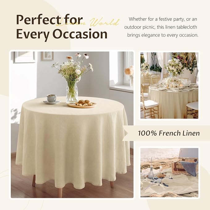 Linen World Round Tablecloth 90" Inch - 100% French Linen Washable Natural Tablecloth for Dining,Outdoor,Weddings and Restaurants,Decorative Thanksgiving Christmas,Sand Beige
