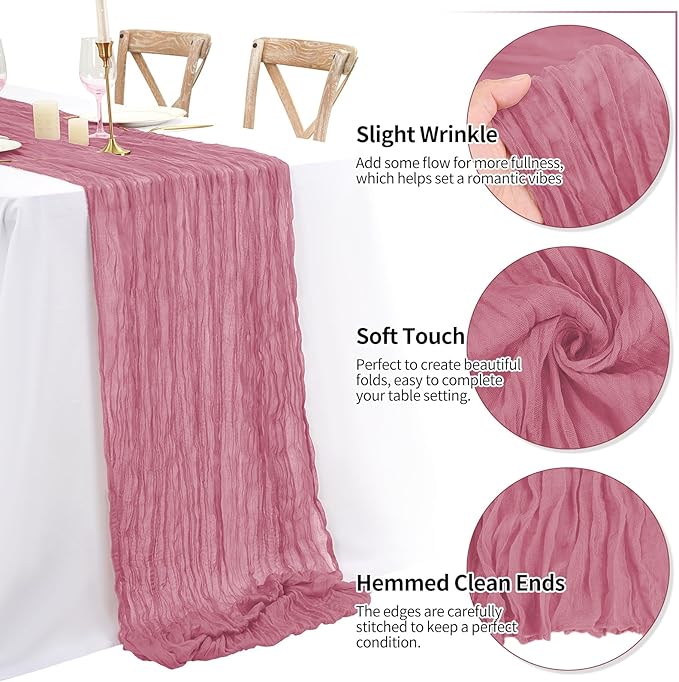 16 Pack 10Ft Cheesecloth Table Runner Dusty Rose, 20 x 120 Inch Rustic Gauze Boho Cheese Cloth Runners Wedding Long Table Runner for Wedding Party Bridal Shower Table Decoration