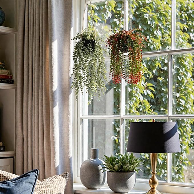 3 Packs Fake Hanging Plants with Black Pots for Outdoor Indoor | 18" Artificial Hanging Plants with Adjustable Twines, Realistic, Easy to Clean, Flat/Hang, Bathroom Bedroom Shelf Wall Decor