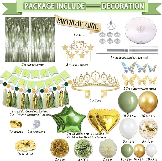 Guudmua 222 Pcs Sage Green Happy Birthday Decorations, Birthday Decorations for Women or Girl Kit- Disposable Dinnerware Set with 25 Guest, Balloons, Sash, Tiara, Banner, Paper Pom Poms