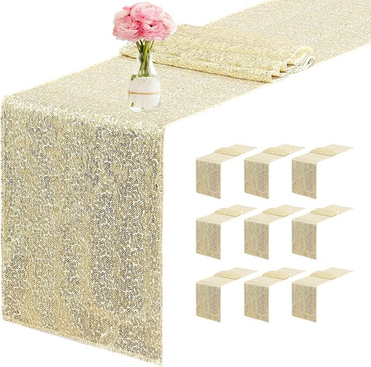 10 Packs 12 x 72 inches Sequin Table Runner, Champagne Glitter Table Runner for Birthday Party Supplies Wedding Engagement Baby Shower Holiday Celebration Event Decorations