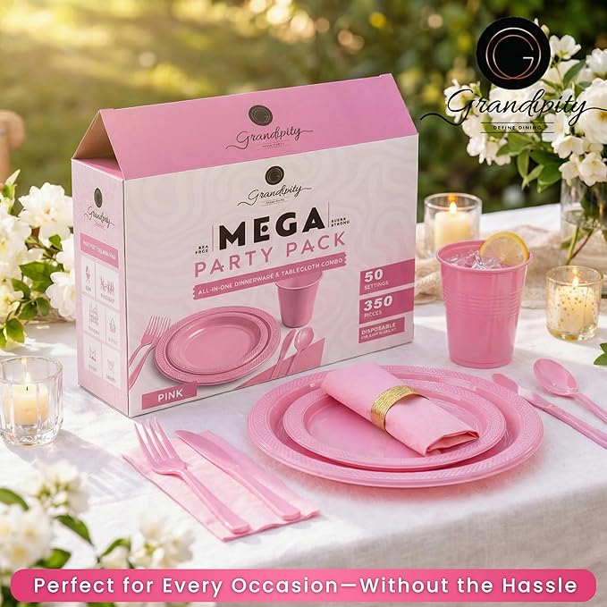 Grandipity 350 Piece Pink Disposable Dinnerware Set, Includes 50 of Each: 9" Dinner Plates, 7" Dessert Plates, 12oz Cups, Paper Napkins, Forks, Knives & Spoons