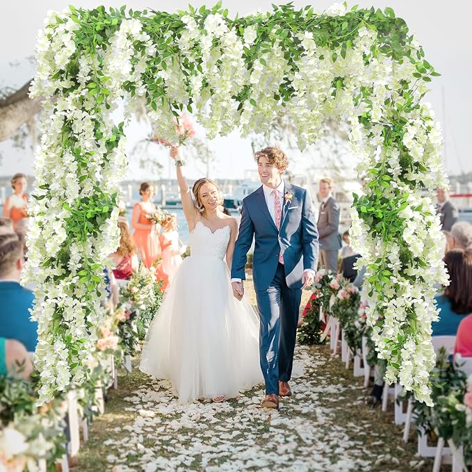 Findosom Wisteria Artificial Flowers Garland, 15Pcs Total 108FT White Wisteria Hanging Flowers, Flower Garland Decorations for Home Garden Outdoor Ceremony Wedding Arch Decoration
