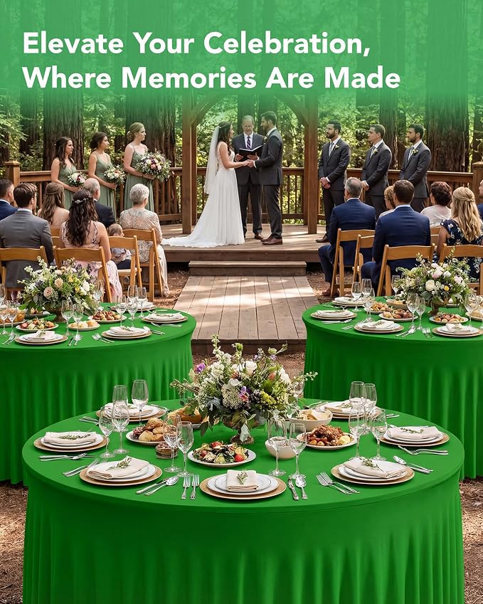 6 Pack Spandex Table Cover Skirts for 60 inch Round Tables, Green Stretch Table Cloths with Floor-Length Ruffle, Elastic Fitted Skirted Tablecloth for Elegant Wedding Banquet Party Buffet Decoration