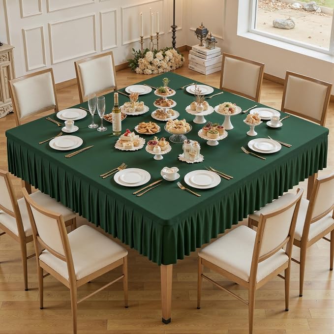 Wish Care Hunter Green Spandex Tablecloths for 60x60 Inch Square Tables, Stretch Fitted Table Clothes with Pleated Ruffle Skirt for 60” Table, Wrinkle Free and Elastic, for Party Kitchen Home Dining