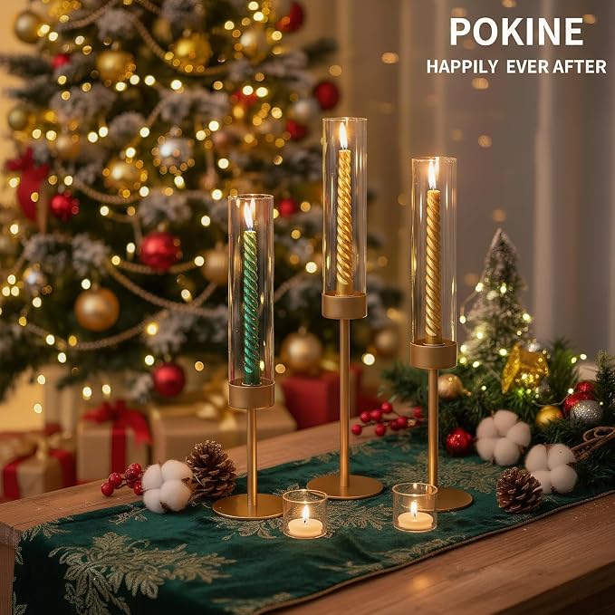 POKINE Tall Candle Holders Set of 3, Hurricane Glass Taper Candlestick Holders for Wedding, Christmas Decor, Dining Table, Party Centerpieces