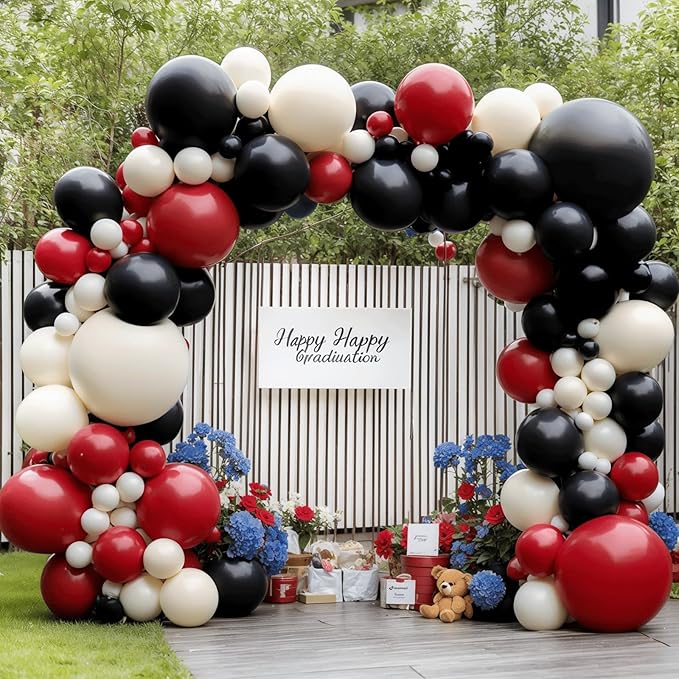 Red Black And White Balloons Garland Arch Kit, Double Stuffed Ruby Ivory Red White And Black Balloons Arch Kit for Birthday Anniversary Graduation Wedding Party Decoration