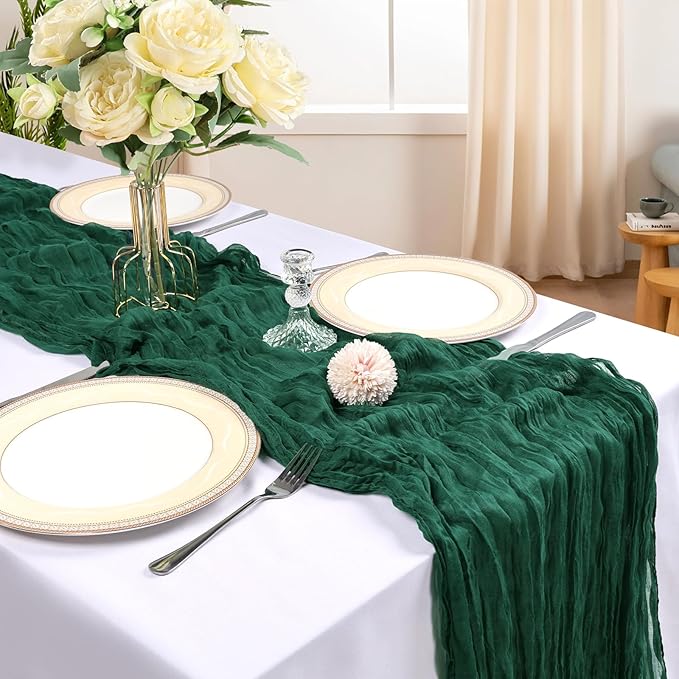 6 Pack 10FT Emerald Green Cheesecloth Table Runner 120 Inch Long Gauze Rustic Boho Spring Cheese Cloth Table Runner Sheer Fabric Decorations for Holiday Party Wedding Banquet Bridal Baby Shower Décor