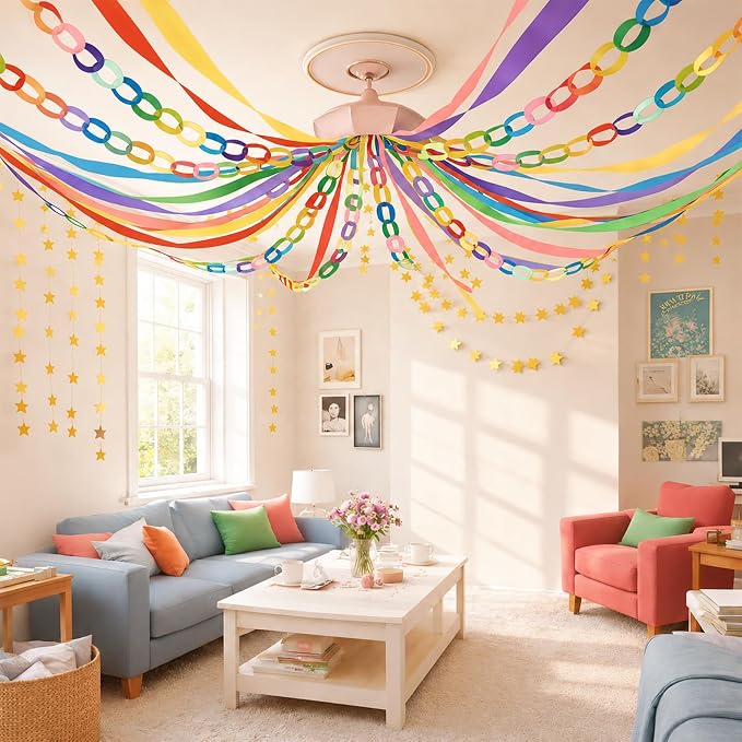Rainbow Birthday Party Decorations Kit with 492ft Crepe Paper Streamers, 300 Sheets Paper Chain Strips, 78.6ft Gold Star Garland for Hanging Decor