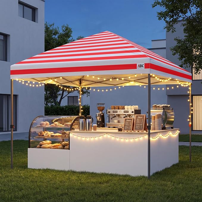 ABCCANOPY 10x10 Pop Up Canopy Tent, Easy Setup Instant Shelter with Wheeled Bag, Heavy Duty Outdoor Canopy for Beach, Market, Backyard, UV Protection, Outdoor Weather Protection (Red Stripes, 10x10)