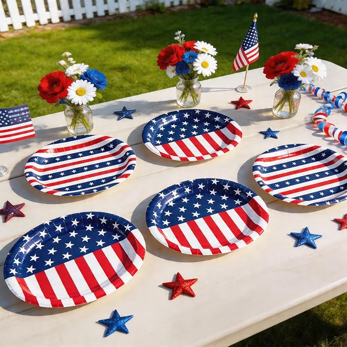 OuMuaMua 100Pcs Heavy Duty Patriotic Party Plates Supplies, American Flag Oval Disposable Paper Plates and Napkins for 4th of July Independence Day, Veterans Day, Election Day Party Decorations