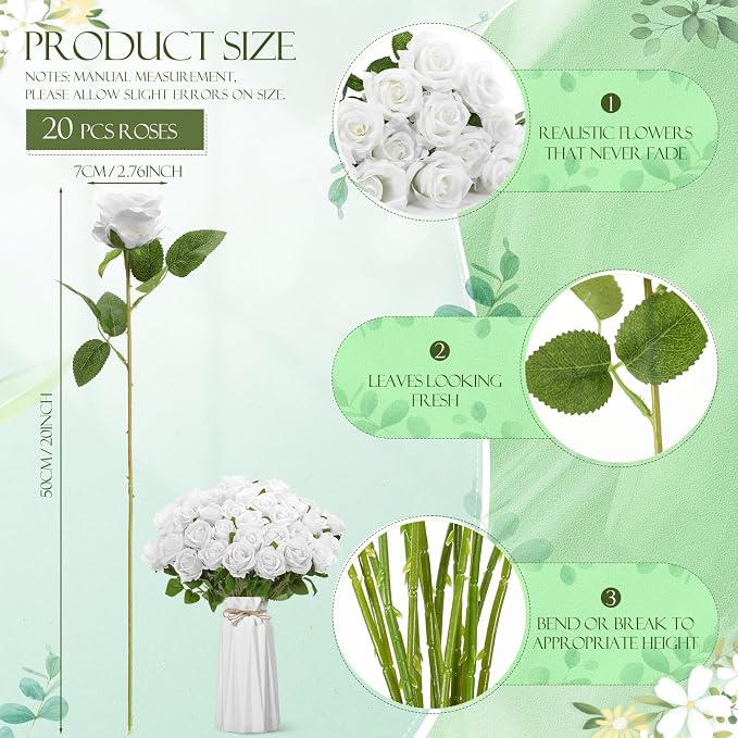 Hotop 20 Pcs Artificial Rose Flowers with Long Stem, Real Lifelike Silk Realistic Plastic Bouquet Roses Bulk for Home Decor Bridal Wedding Party Table Centerpieces Decorations(Pure White)